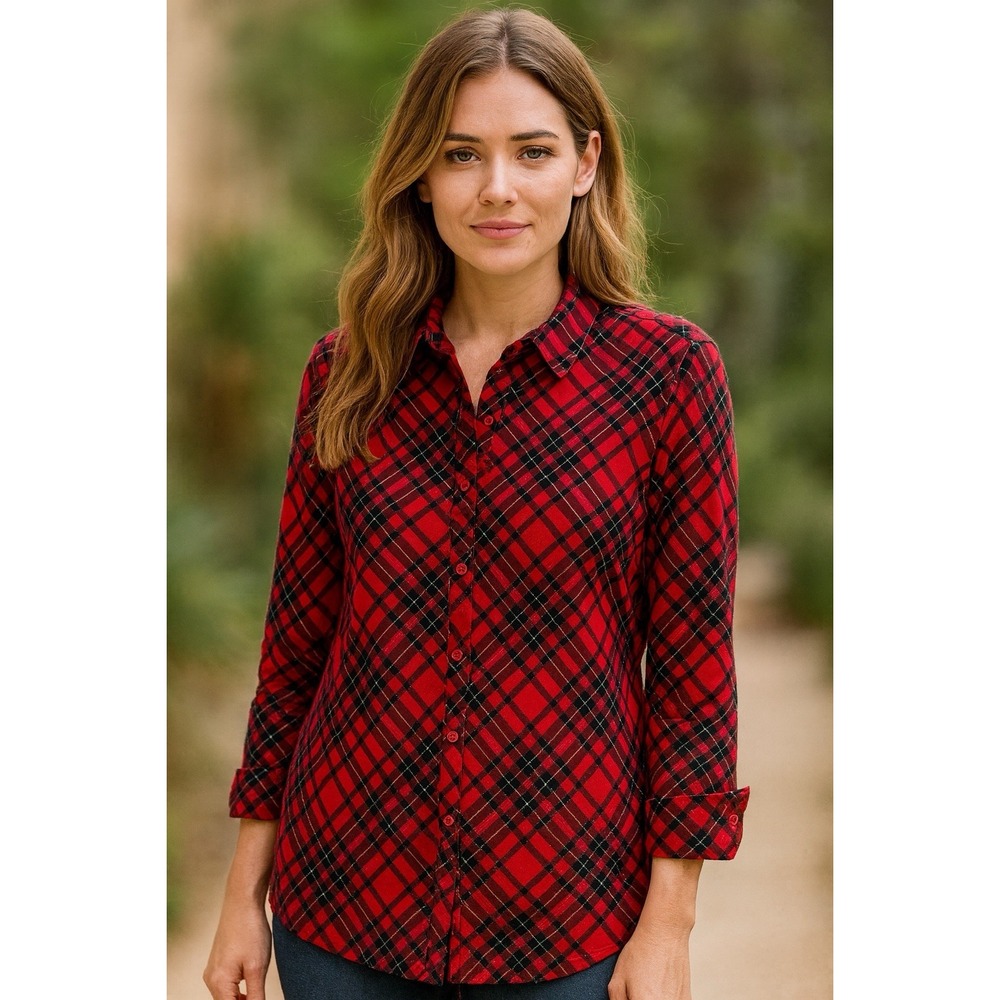 Kim Rogers Womens Holiday Christmas Top XL Red Plaid Long Sleeve Roll Tab Cotton